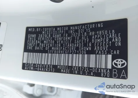 2015 Toyota Corolla Le из США, поврежденный, VIN 5YFBURHE6FP271306